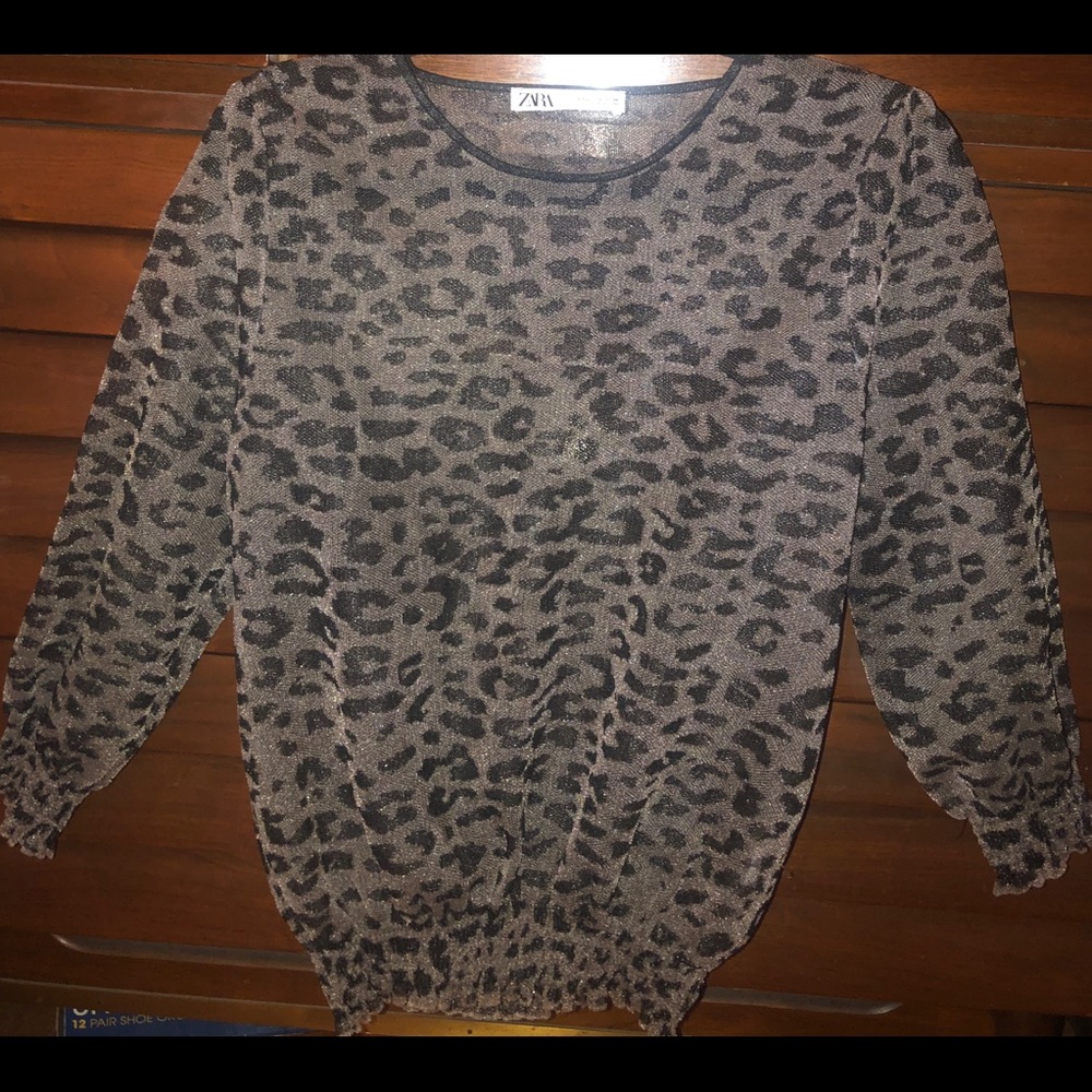 Zara Cheetah Print Mesh Blouse Puffed Sleeve Sz Lg - Picture 7 of 7